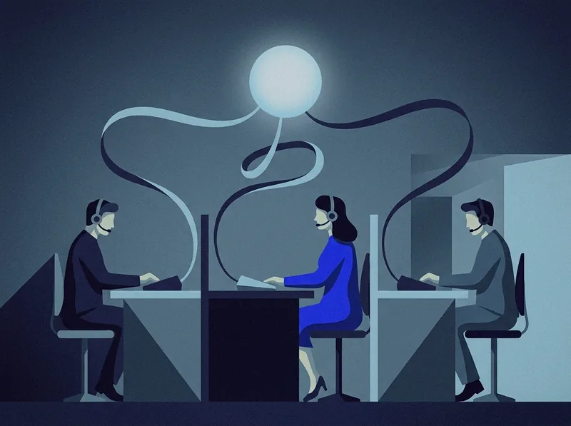 Illustration of three phone agents connected by a shared voice AI line.
