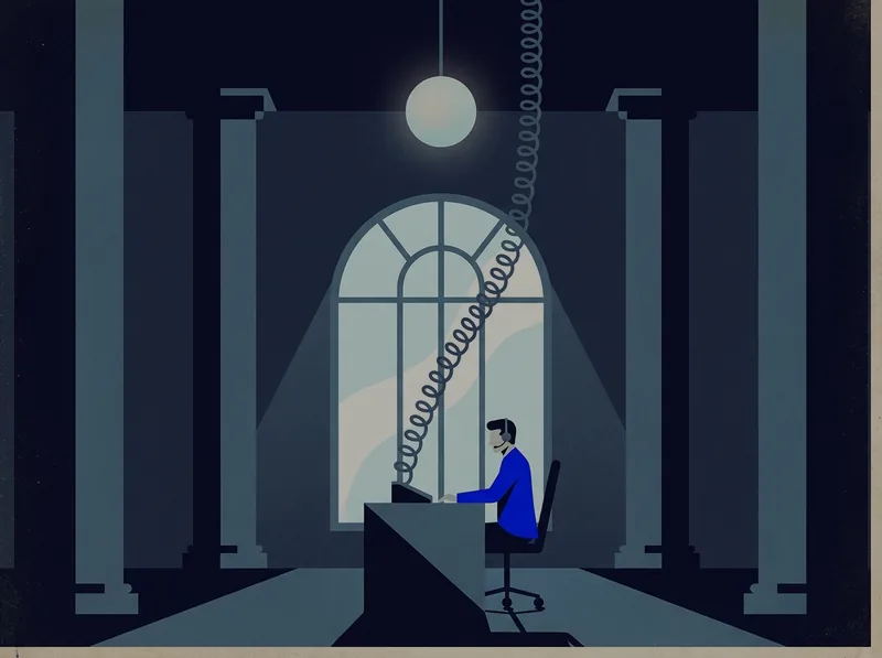 Illustration of a phone operator working inside a structured financial setting.