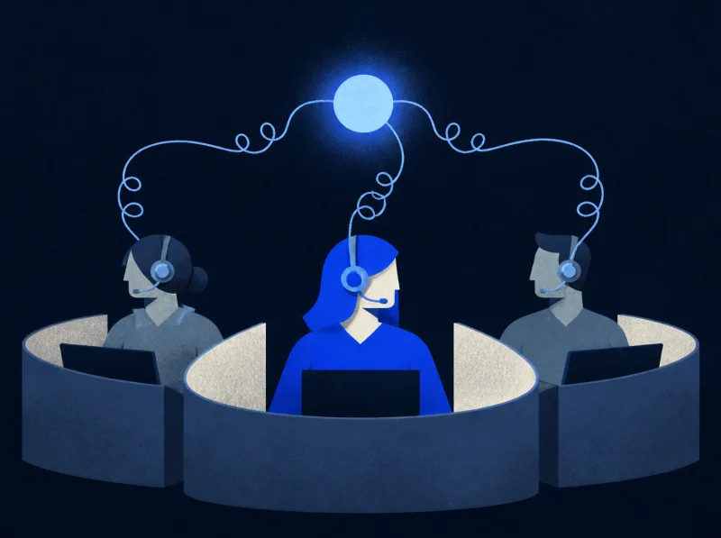 Three headset operators connected through one coordinated phone workflow.