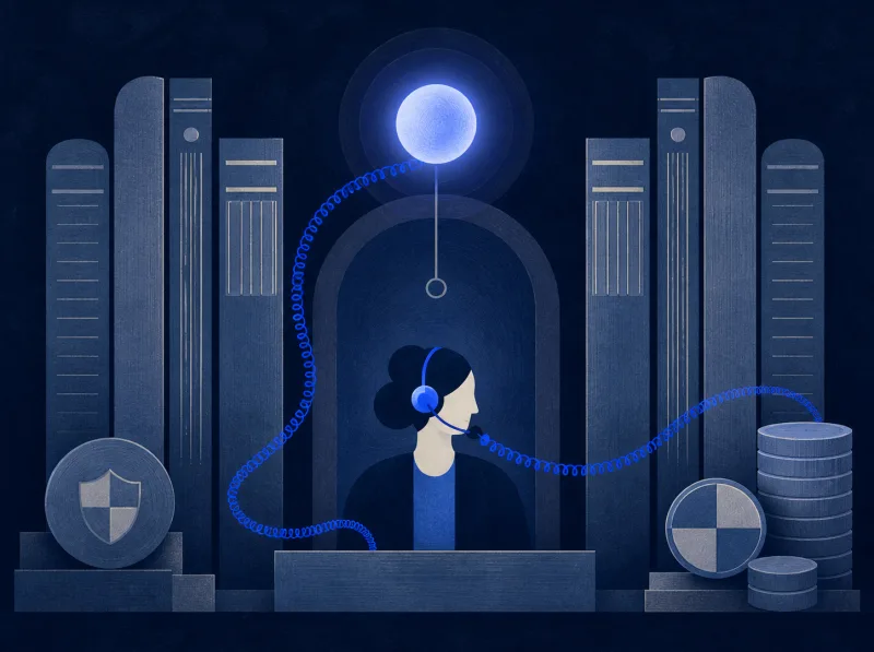 Headset operator working between secure financial ledgers and value records.