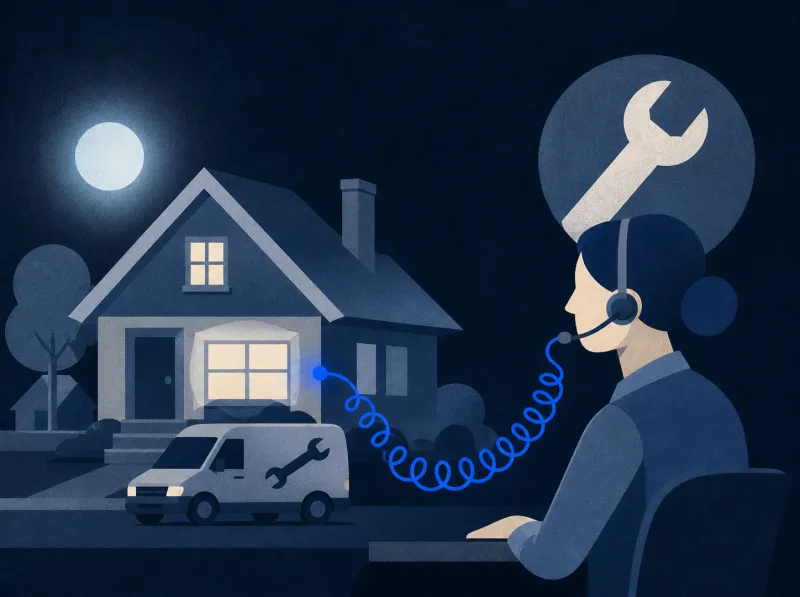 Dispatcher connecting a home and service vehicle through one phone workflow.