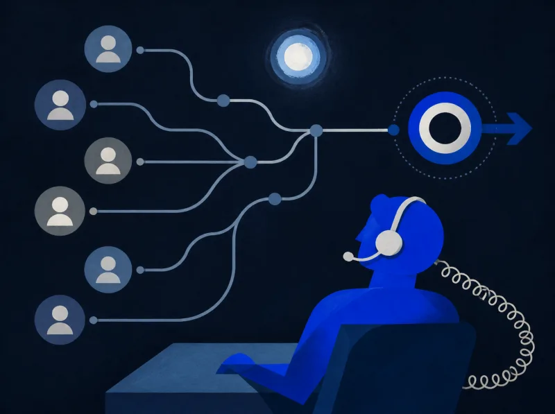 Headset operator guiding incoming lead paths toward a clear target.